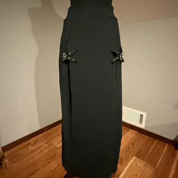 HALARA Black Maxi Skirt with Double Front Slits and buckle Accents - Picture 2 of 7